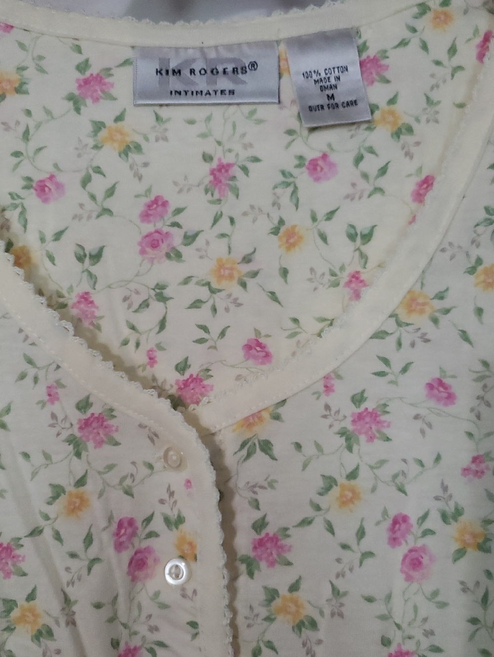 NWT- Kim Rogers Cream Floral Button-Front Nightgown with Pink and Yellow Roses - Picture 2 of 4